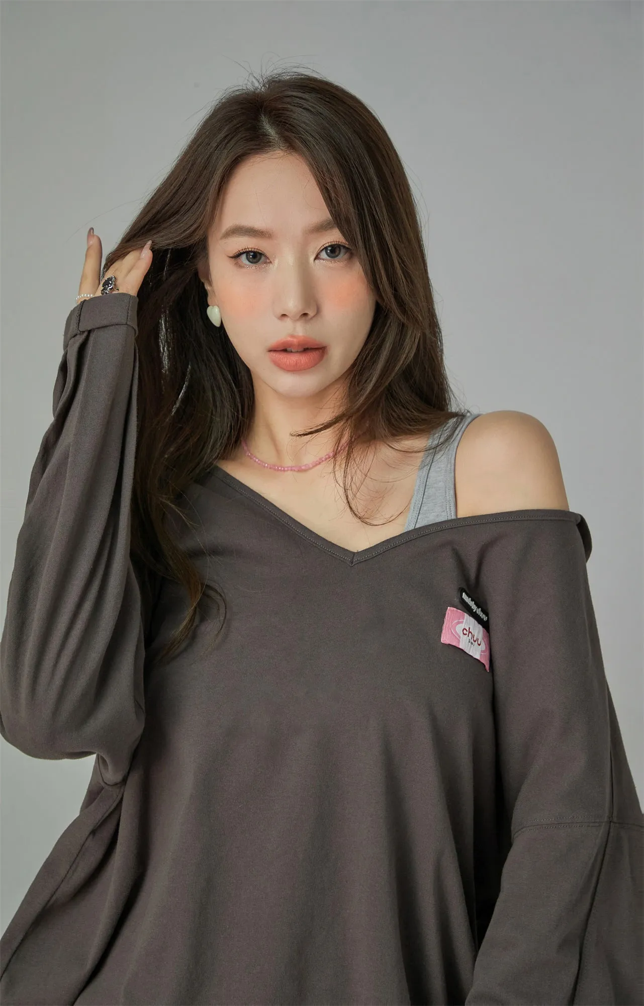 Off-Shoulder V Neck Loose Fit T-Shirt