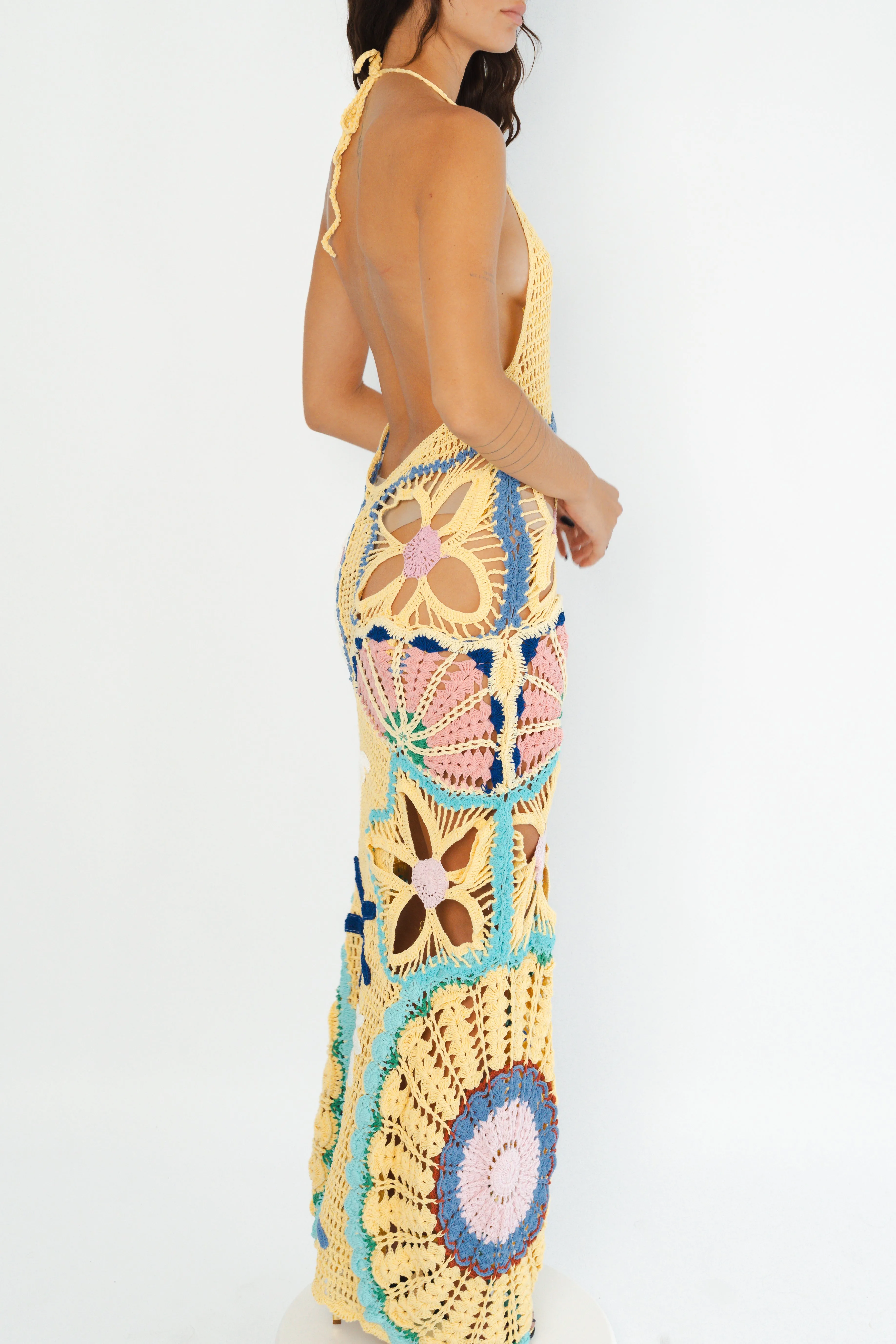 Pearl Halter Crochet Maxi Dress Multi Coloured