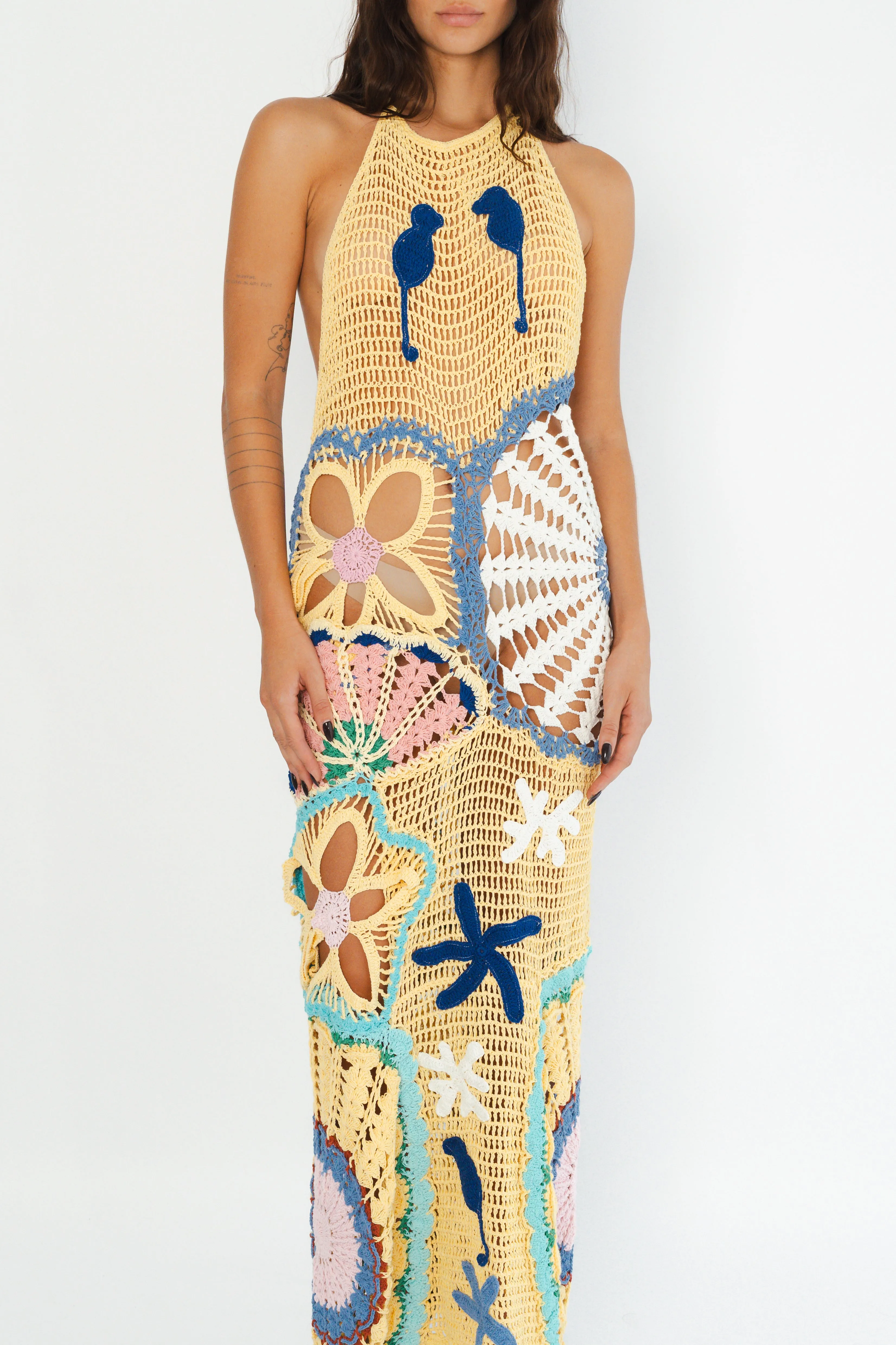 Pearl Halter Crochet Maxi Dress Multi Coloured