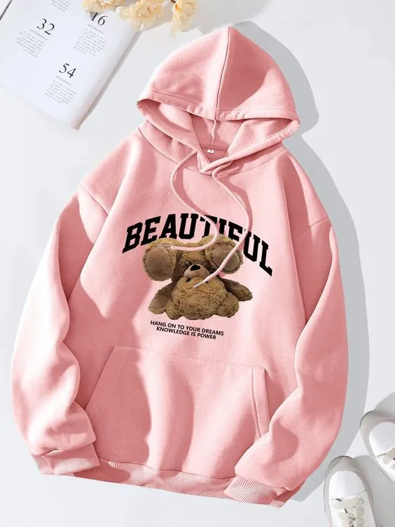 Pink Beautiful Bear Printed Hoodie