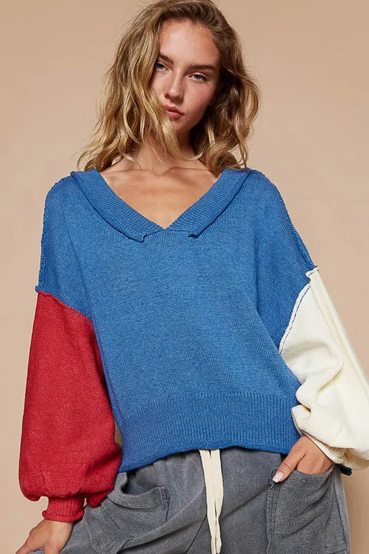 POL Women's Royal Blue Sweater with Exposed Seam Contrast V-Neck Lantern Sleeve