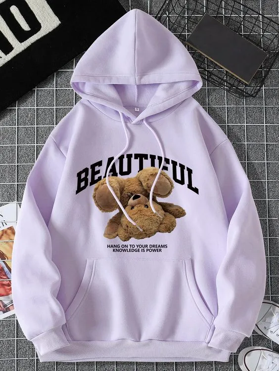 Purple Beautiful Bear Printed Hoodie