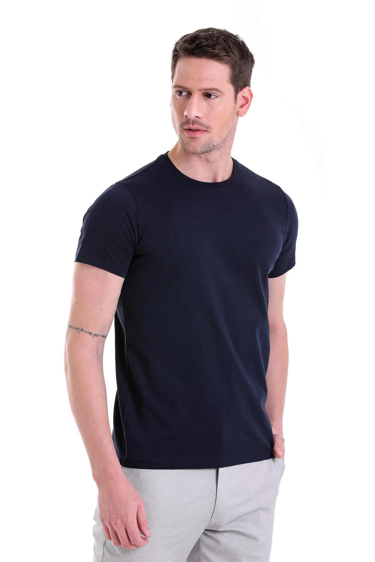 Regular Fit Navy Basic Cotton Crew Neck T-Shirt