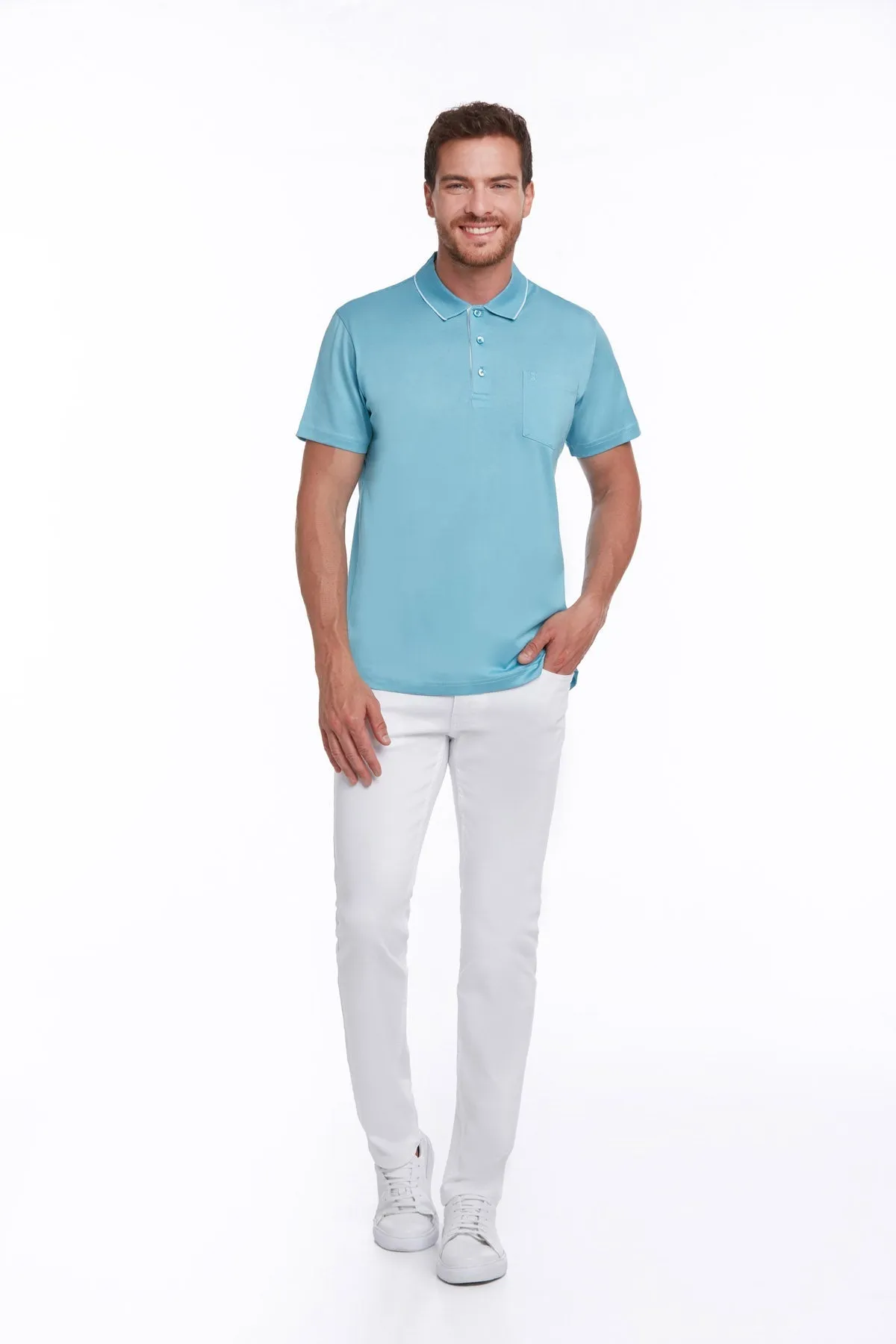 Regular Fit Turquoise Basic Cotton Polo T-Shirt