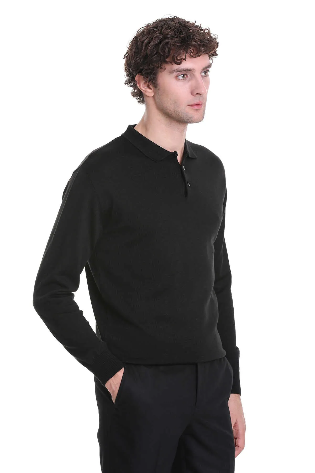 Regular Fit Wool Blend Black Polo Sweater