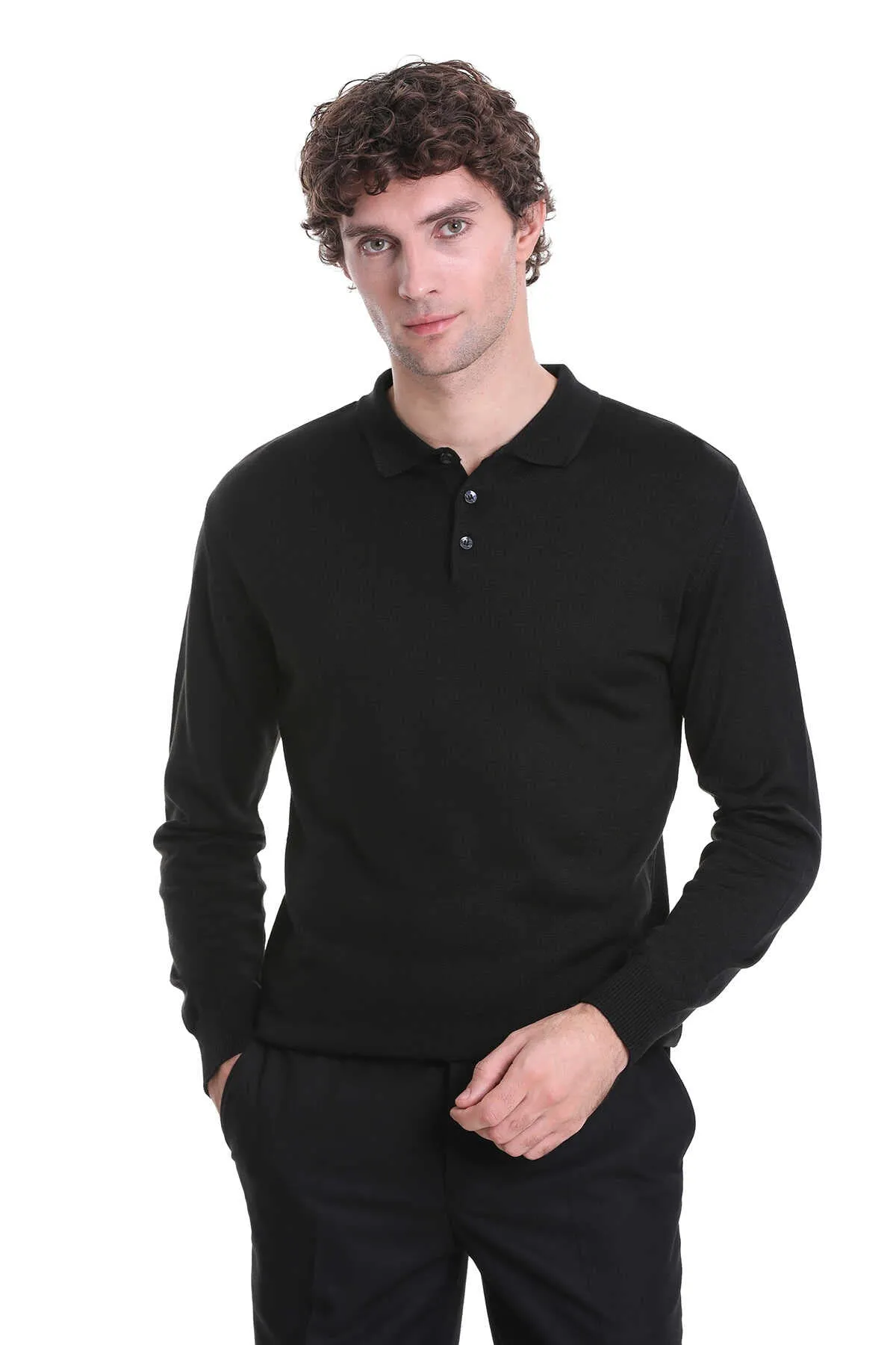 Regular Fit Wool Blend Black Polo Sweater