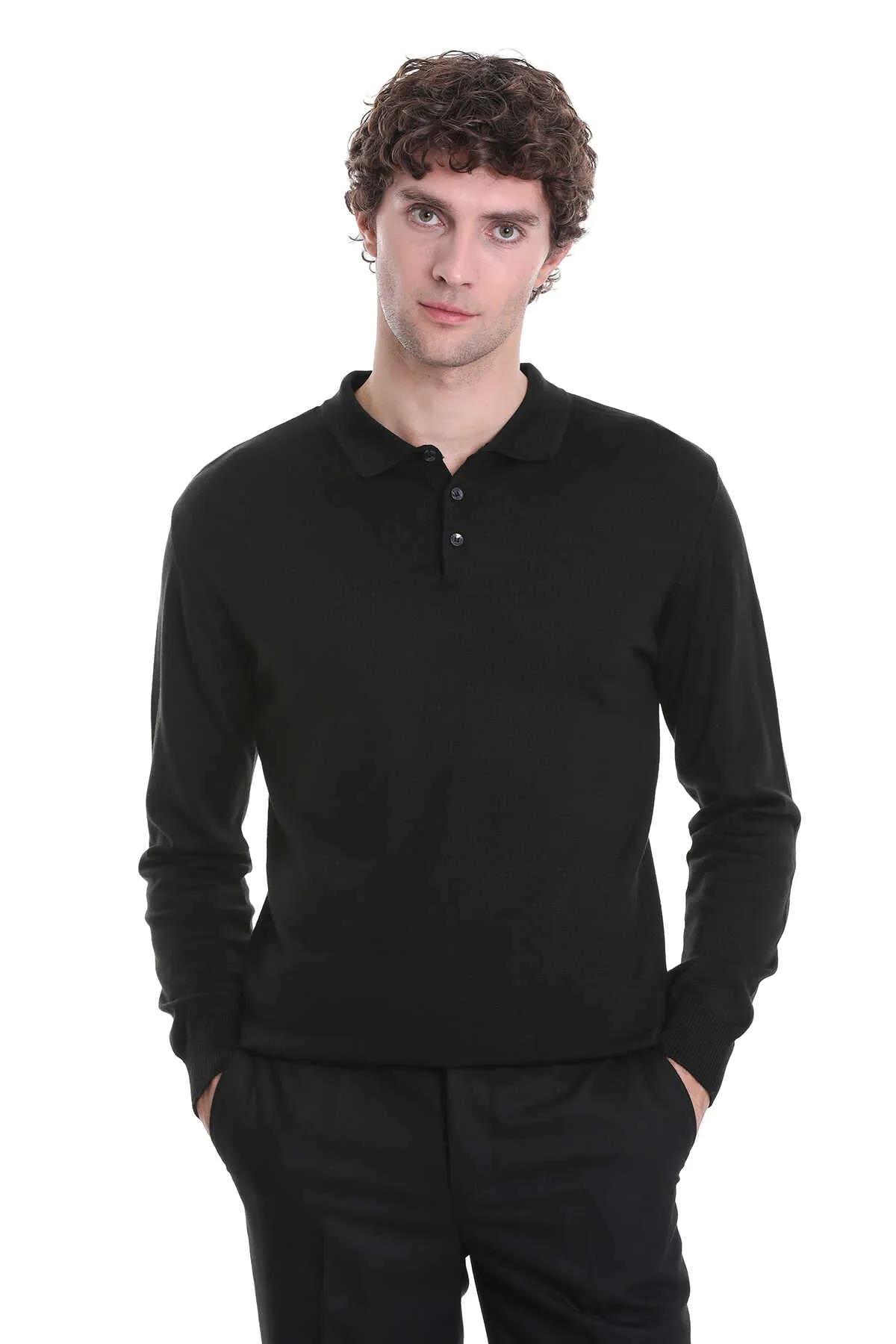 Regular Fit Wool Blend Black Polo Sweater