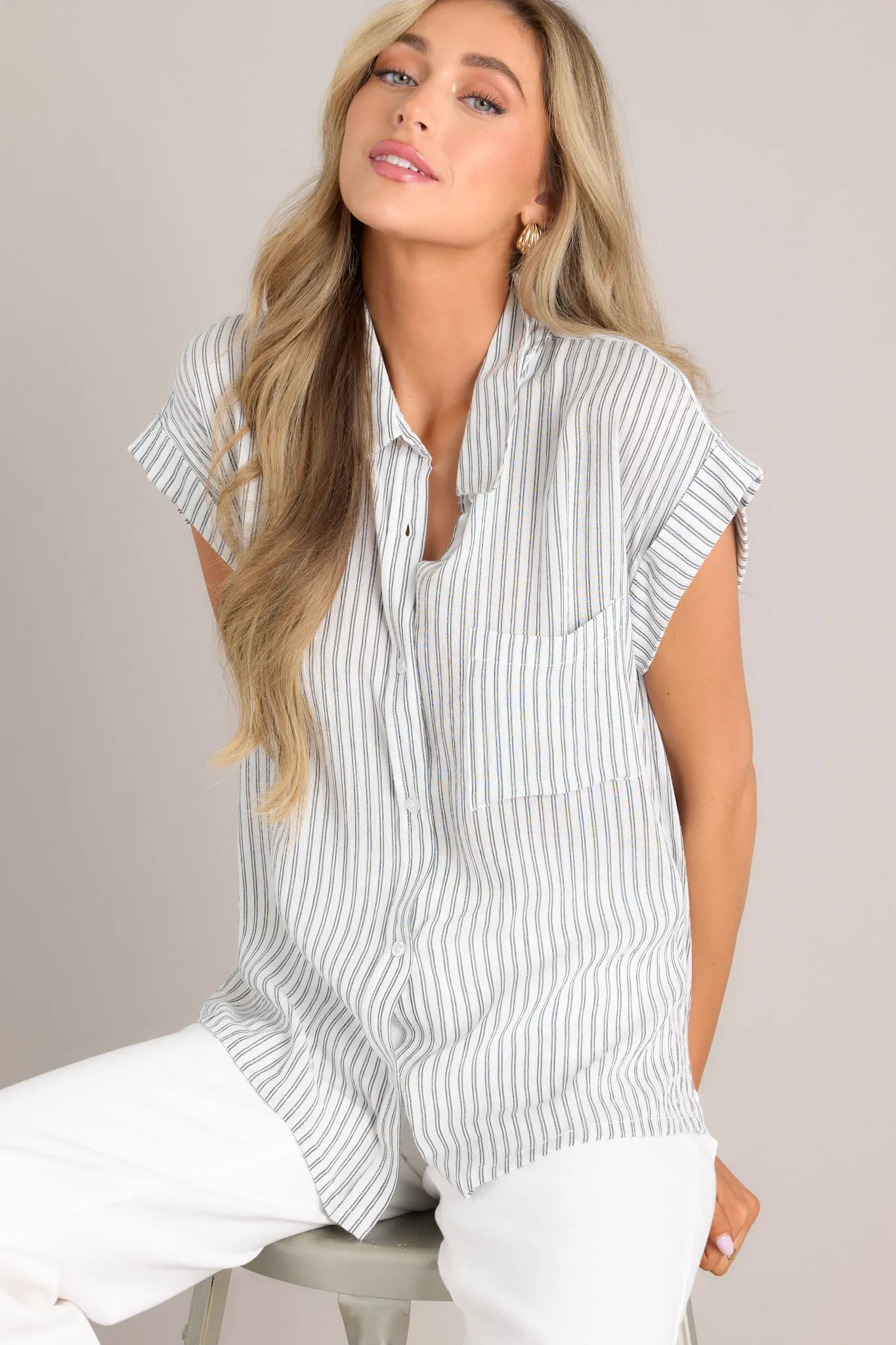 Roots of Renewal Charcoal Stripe Button Front Top