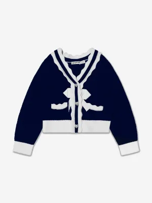 Self Portrait Girls Knitted Bow Cardigan in Navy