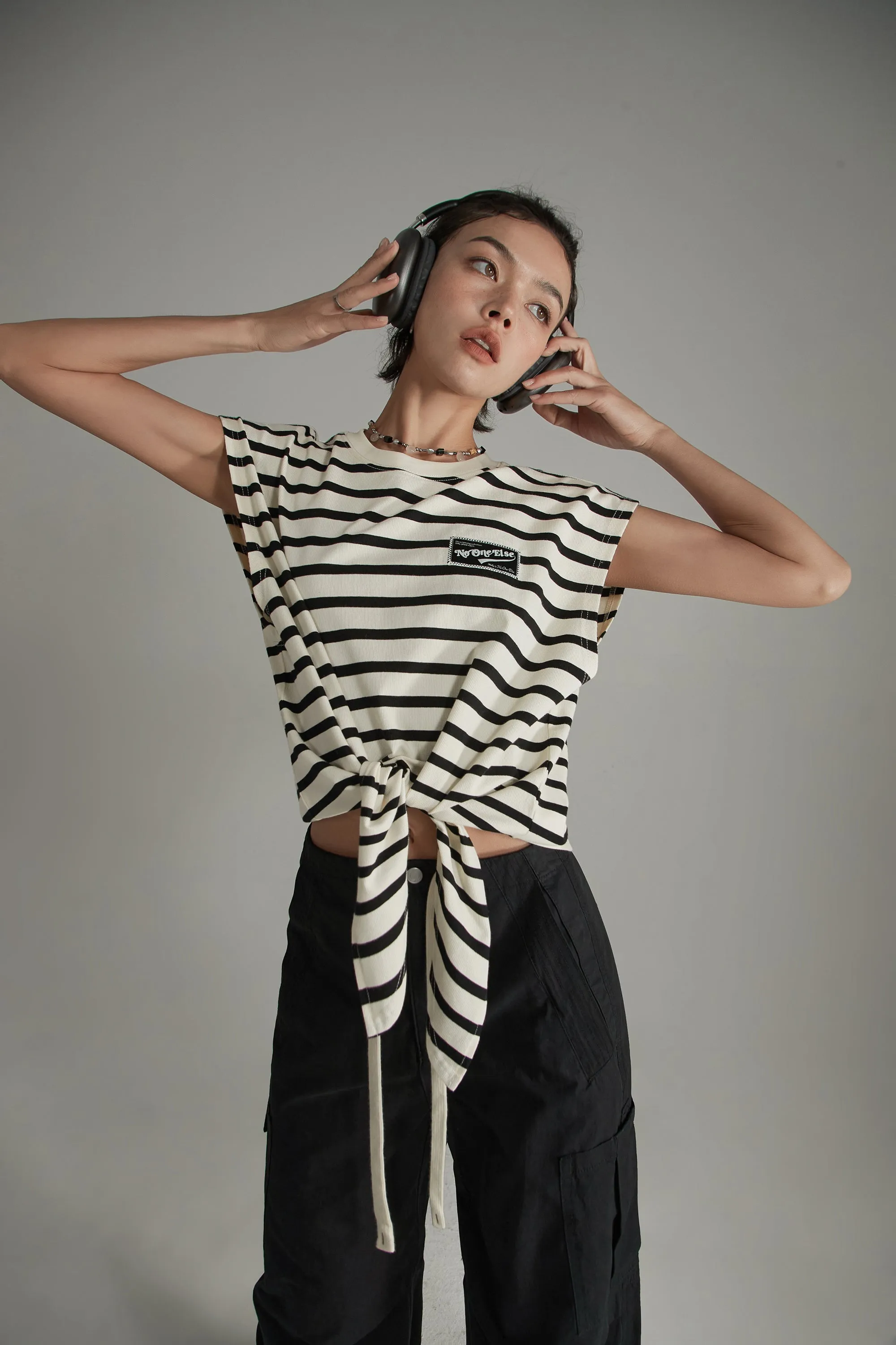 Striped Front Tie Loose Fit Sleeveless T-Shirt