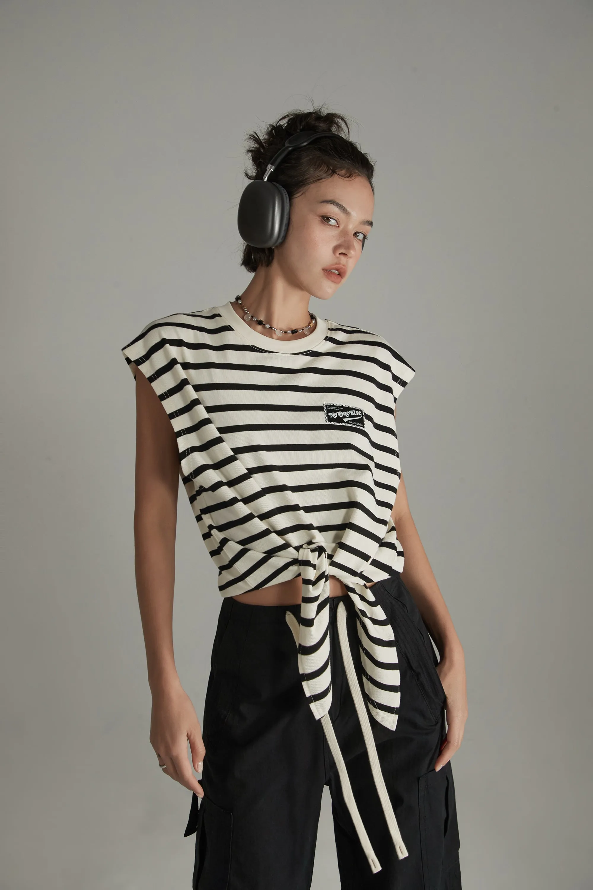 Striped Front Tie Loose Fit Sleeveless T-Shirt