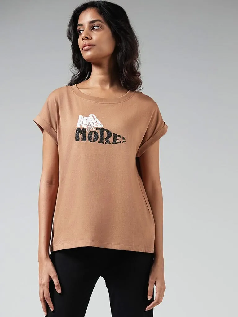 Studiofit Brown Typographic Cotton T-Shirt