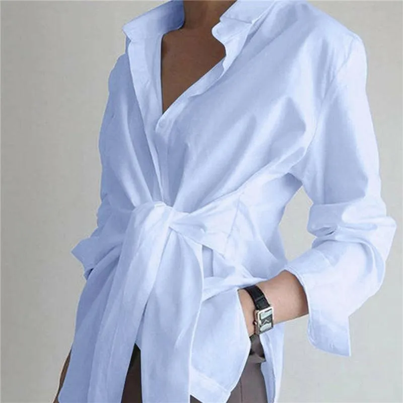 The Long Sleeve Lapel Front Tie Shirt – Effortless Style and Comfort