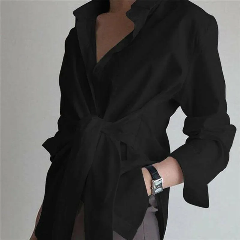 The Long Sleeve Lapel Front Tie Shirt – Effortless Style and Comfort