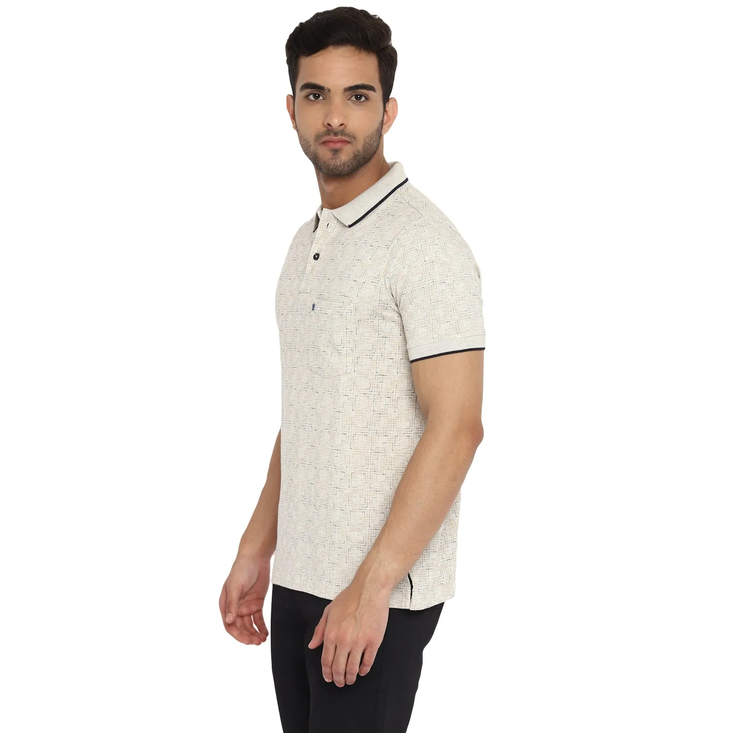 Turtle Men Cream Printed Polo Neck T-Shirts