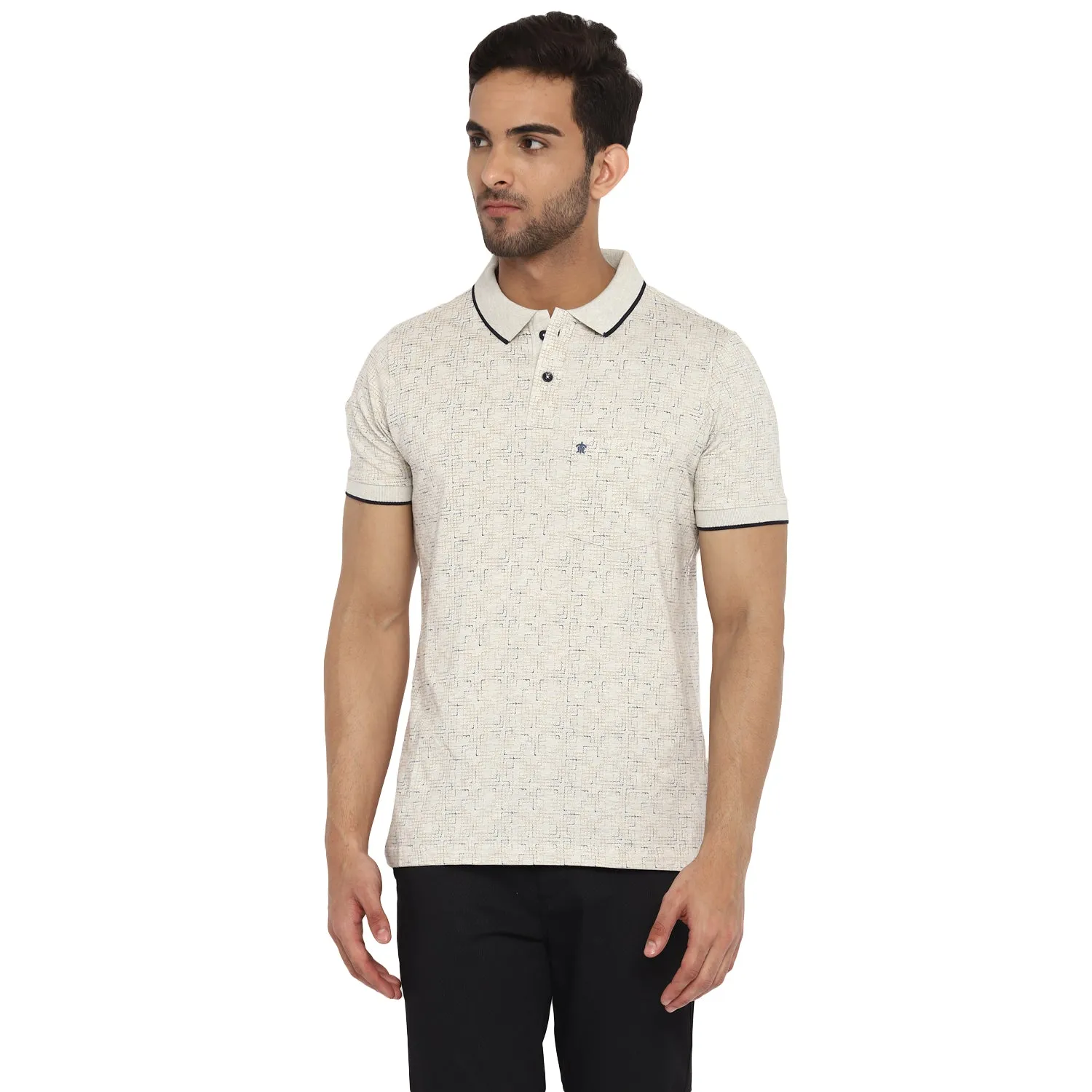 Turtle Men Cream Printed Polo Neck T-Shirts