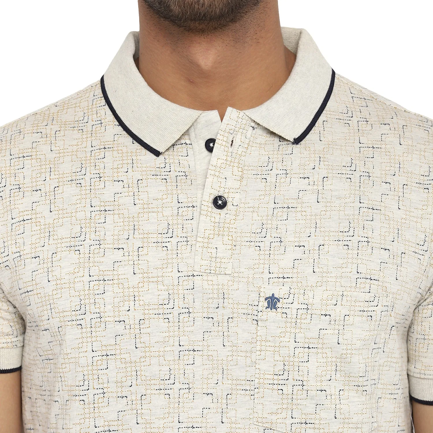 Turtle Men Cream Printed Polo Neck T-Shirts