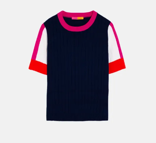 Vilagallo - Colorblock Short Sleeve Sweater in Navy, Pink, and White