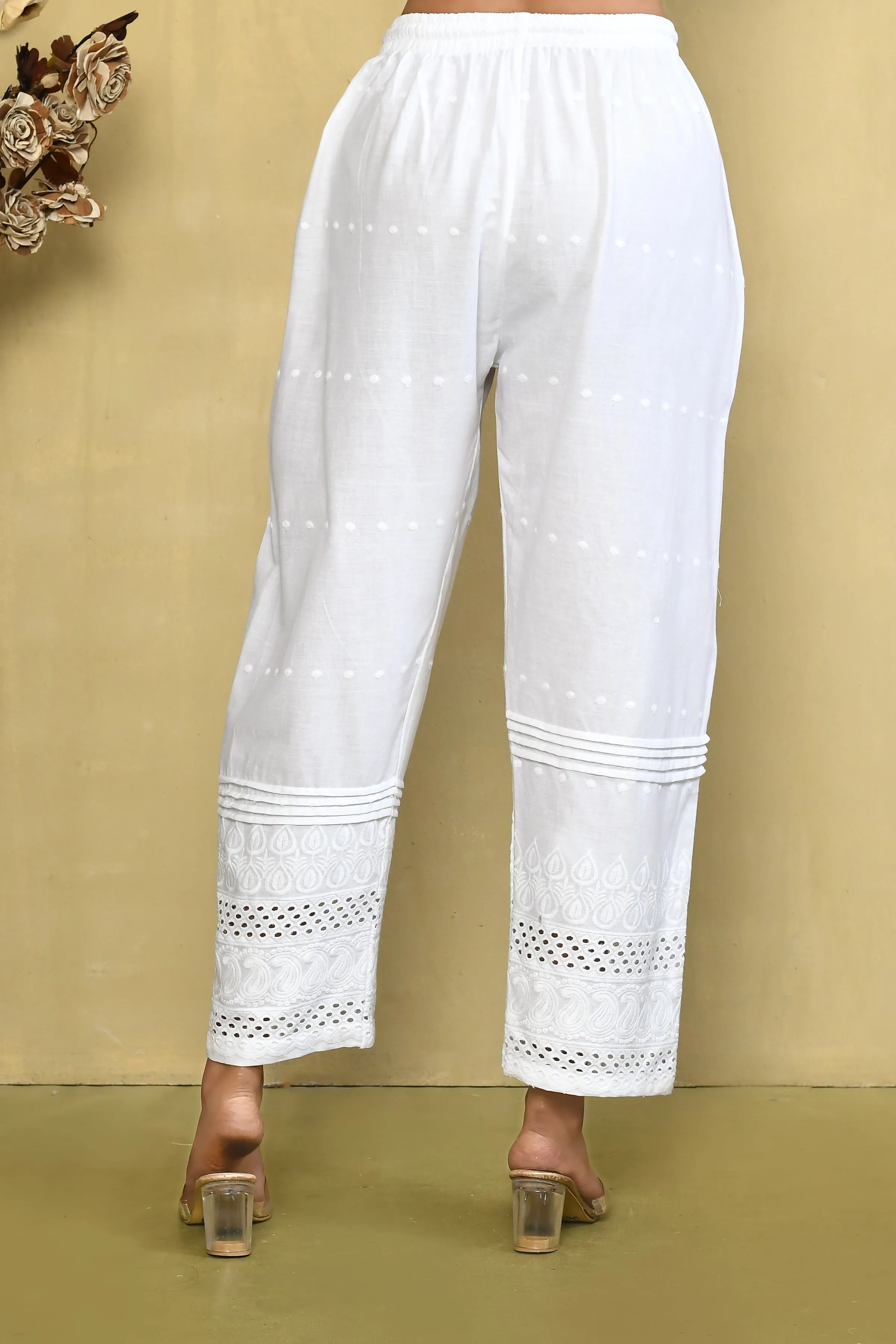 White Straight Pant With Embroidered Schiffli Cutwork