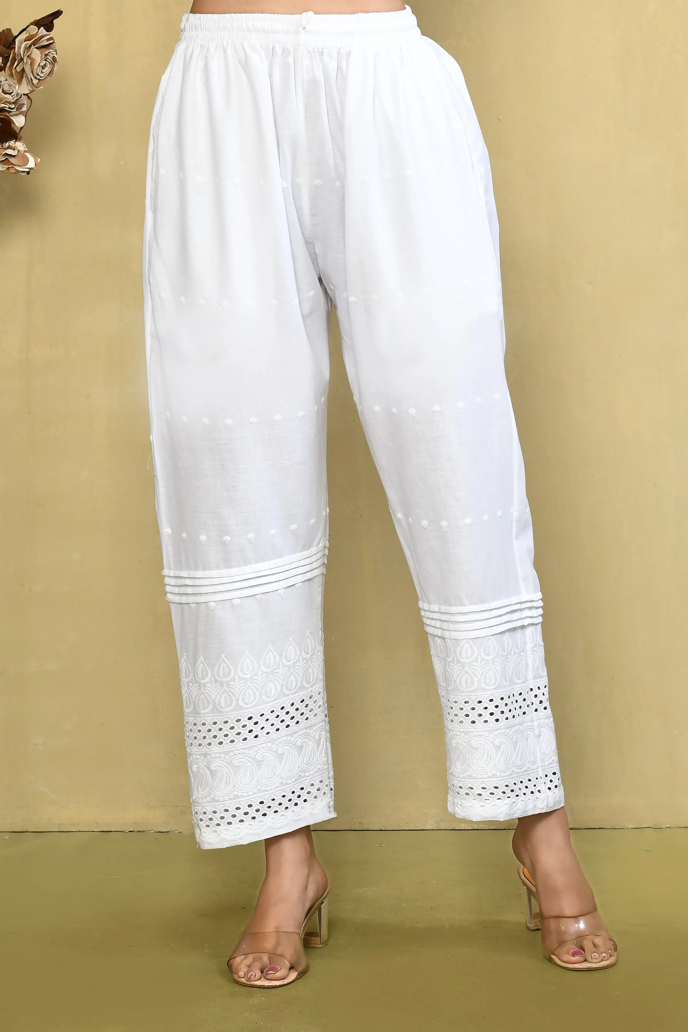 White Straight Pant With Embroidered Schiffli Cutwork