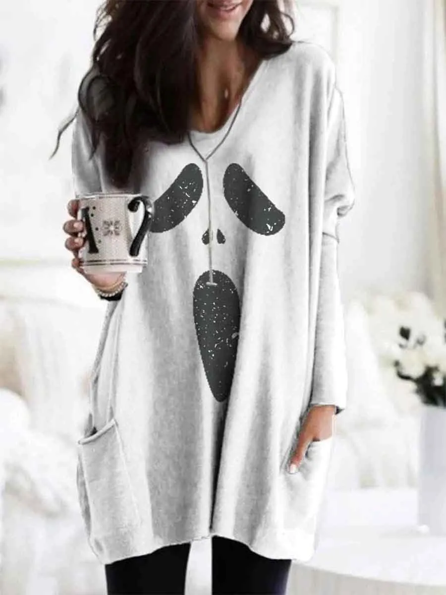 Women's Halloween Ghost Print Pocket T-shirt